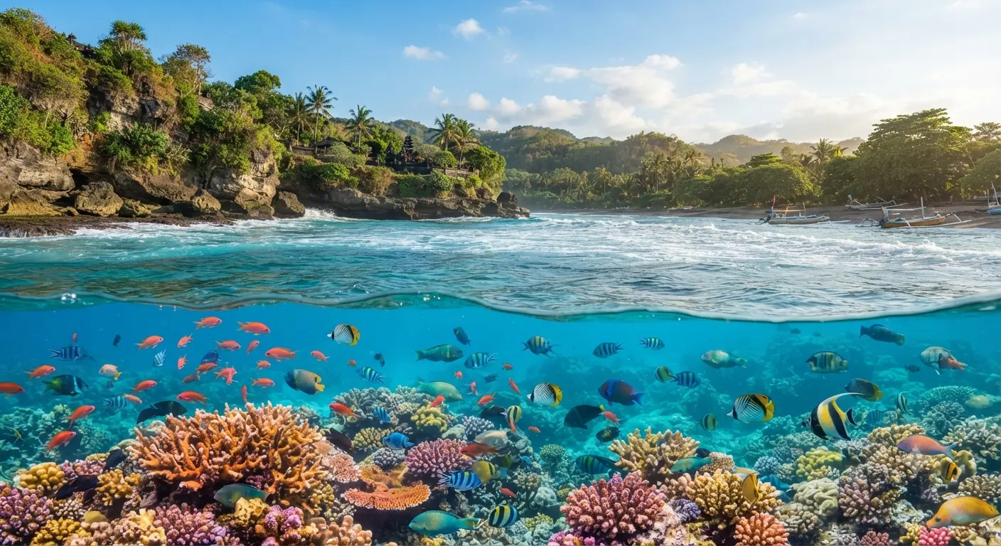 A-vibrant-marine-ecosystem-with-crystal-clear-turquoise-ocean-water-crashing-gently-against-a-protected-tropical-coast-in-Bali.