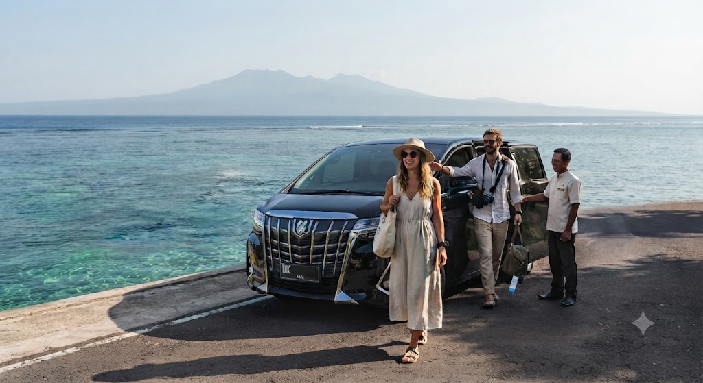 International-travelers-stepping-comfortably-out-of-a-clean-private-vehicle-onto-a-scenic-Bali-coastal-road.
