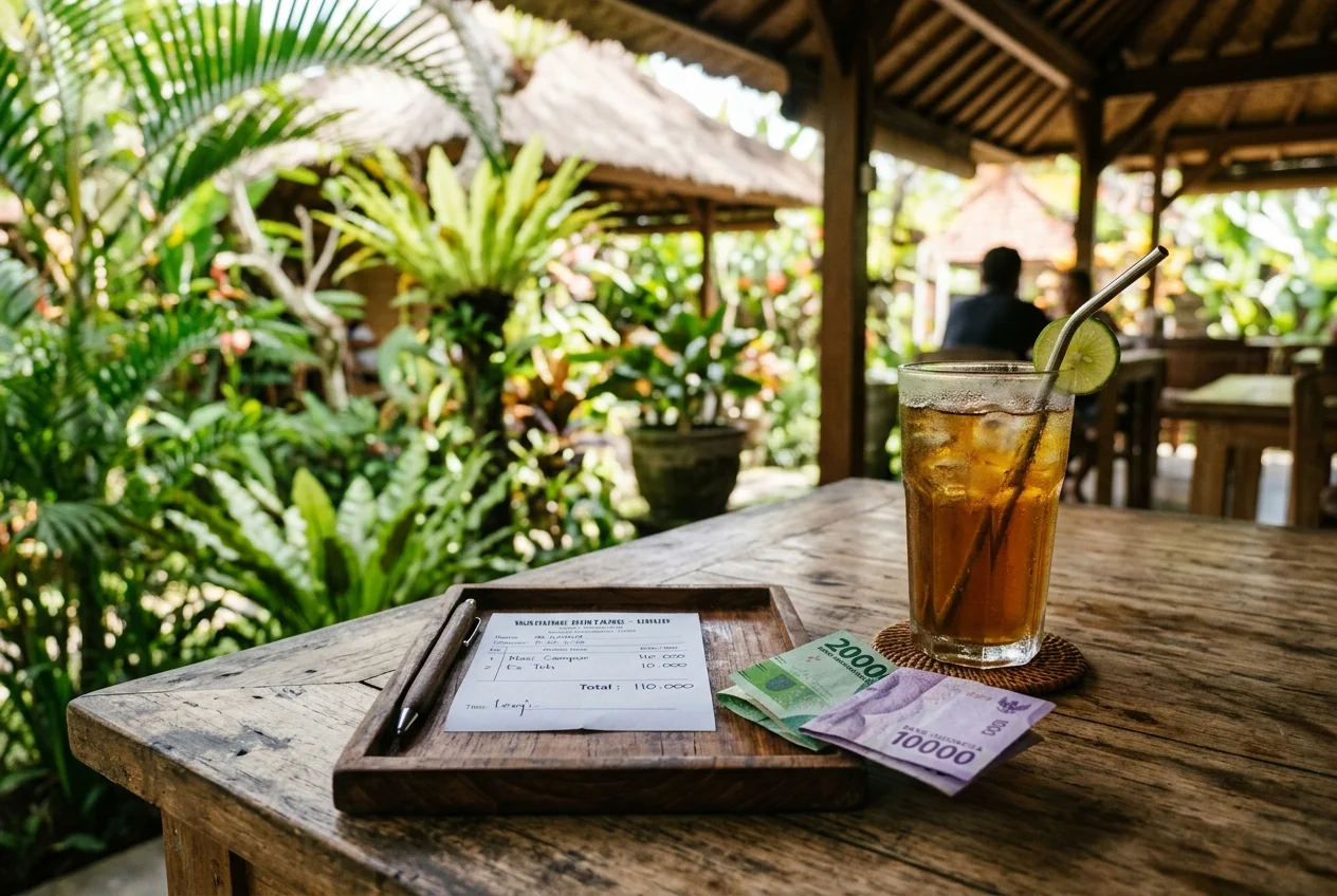 Bali warung table with bill and rupiah notes