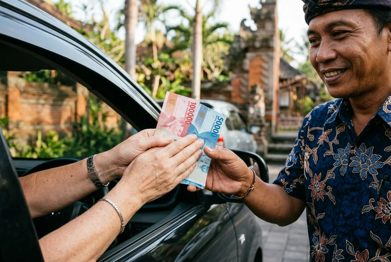 Handing a rupiah tip to a Bali driver